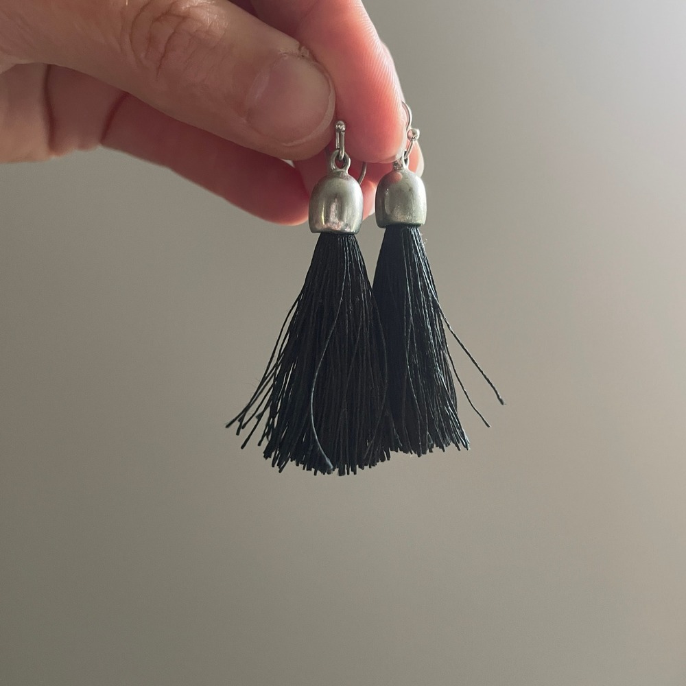 Black Tassel Earrings Silver Tone‎ Dangle Drop Fringe Jewelry Gothic Whimsigoth
